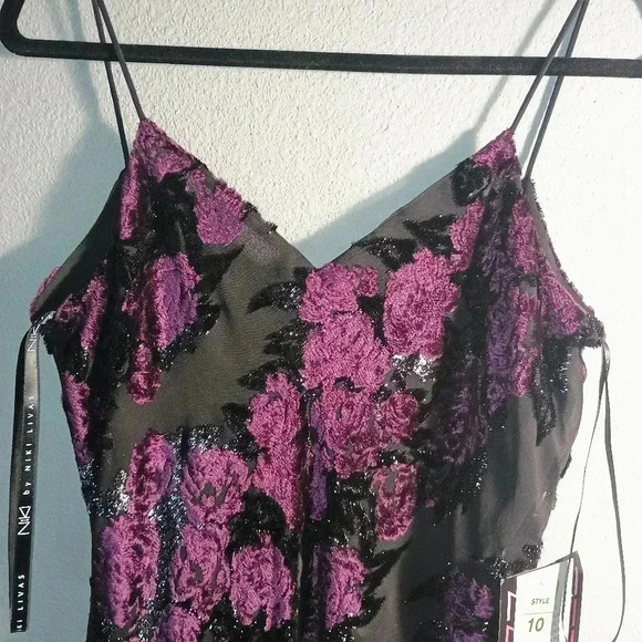 Vintage Niki by NikiLivas Maxi Floral Dress Asymmetrical Black Purple Formal NWT - Picture 4 of 15